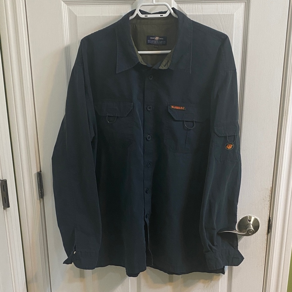 Bluebasic Heavy Cotton Nylon Navy Button Down Work Shirt Men’s Size XL Outdoor